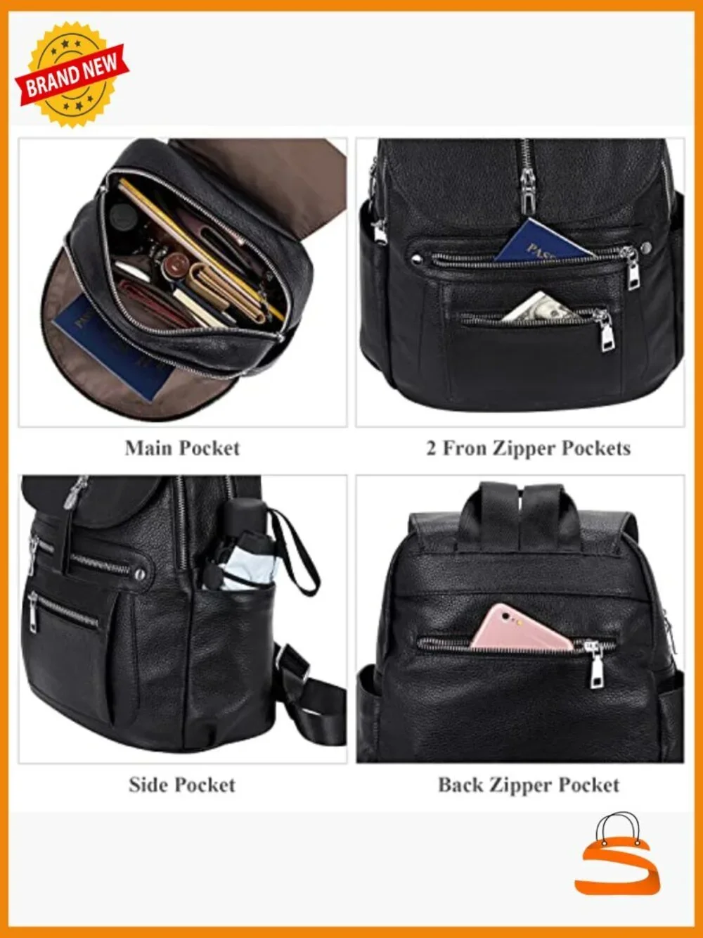 Leather Backpack Purse for Women Casual Handbag Multi Pockets Flap 13